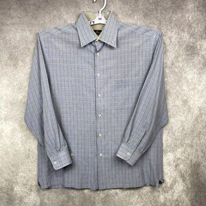 BUGATCHI Button Front Shirt Men Large Blue Plaid Hidden Button Collar Rayon/Poly